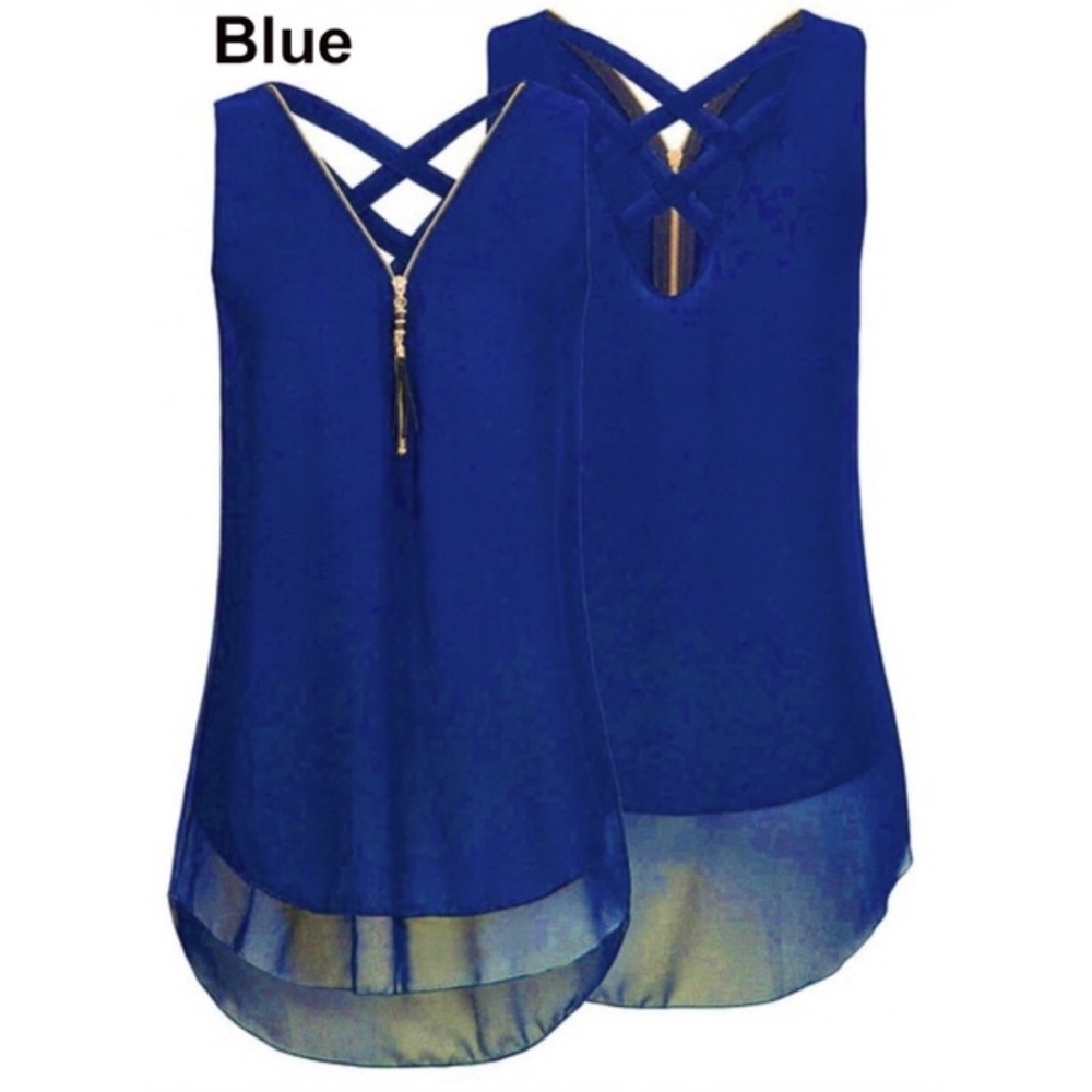 Blue Chiffon Zippered Cross Back Tank